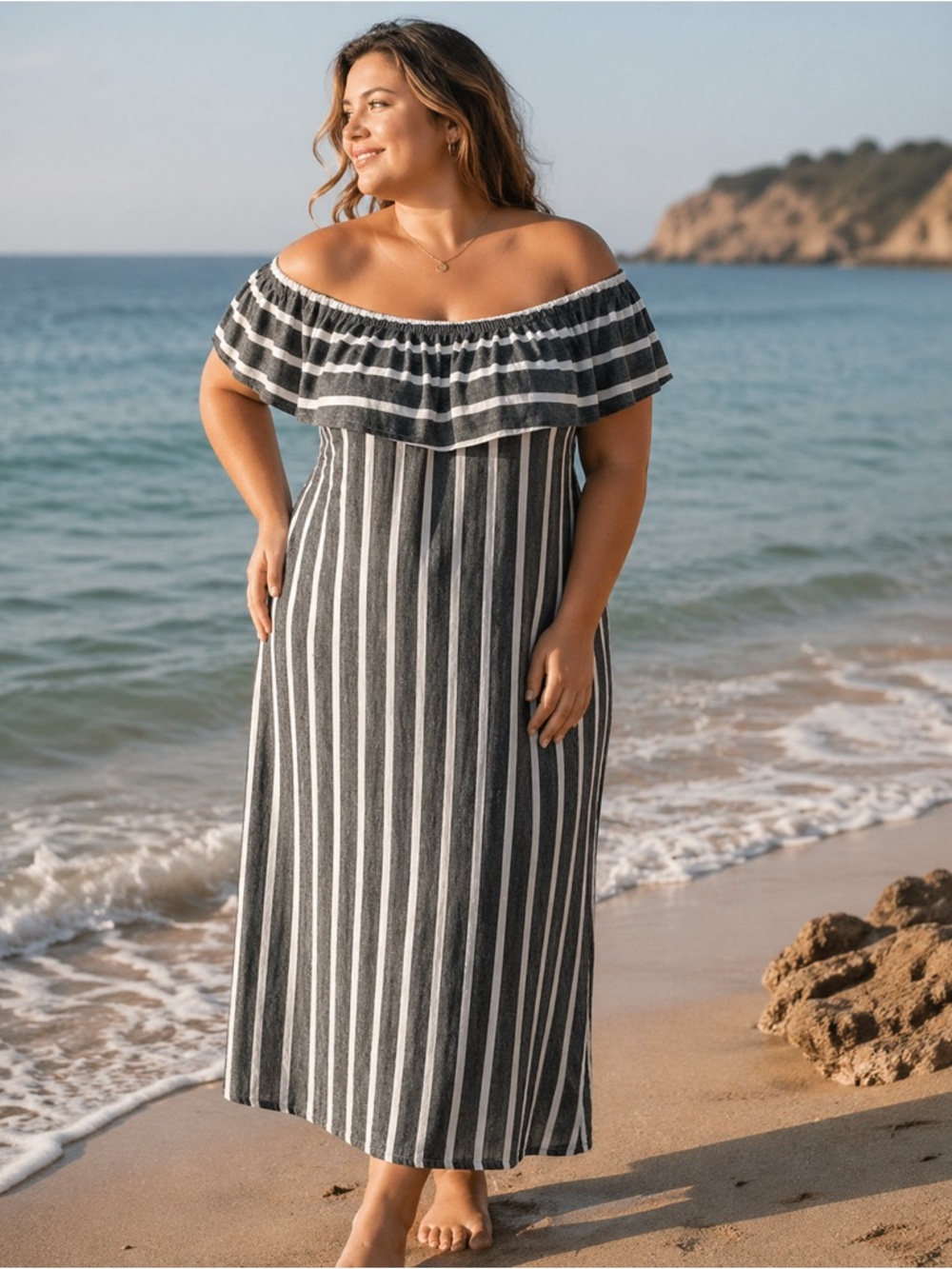 EXIST Charcoal White Stripe Beachy Boho Off The Shoulder Maxi Dress Size XL NWT
